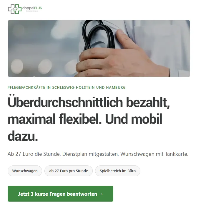Handy Ansicht der Bewerberseite von doppelPLUS Personaldienste mit Foto, Überschrift und Button
