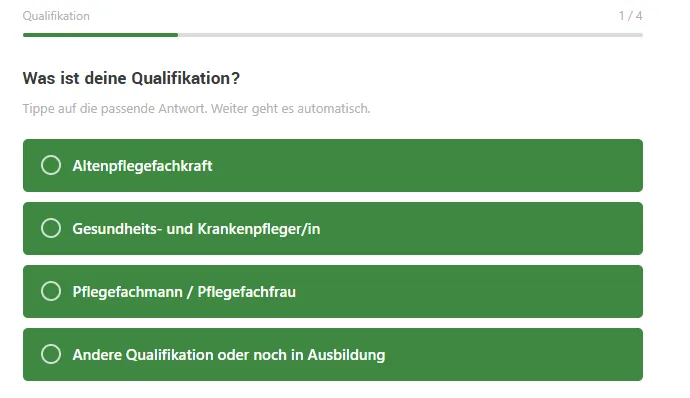 Frageansicht der Bewerberseite von doppelPLUS Personaldienste mit Antwortkarten zur Qualifikation