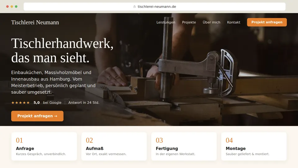 Beispielprojekt nachher: dieselbe Tischlerei mit moderner, klar gegliederter Website