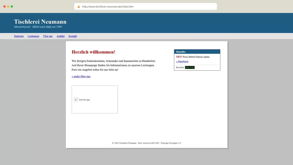 Beispielprojekt vorher: veraltete Website einer Tischlerei im Stil von 2004